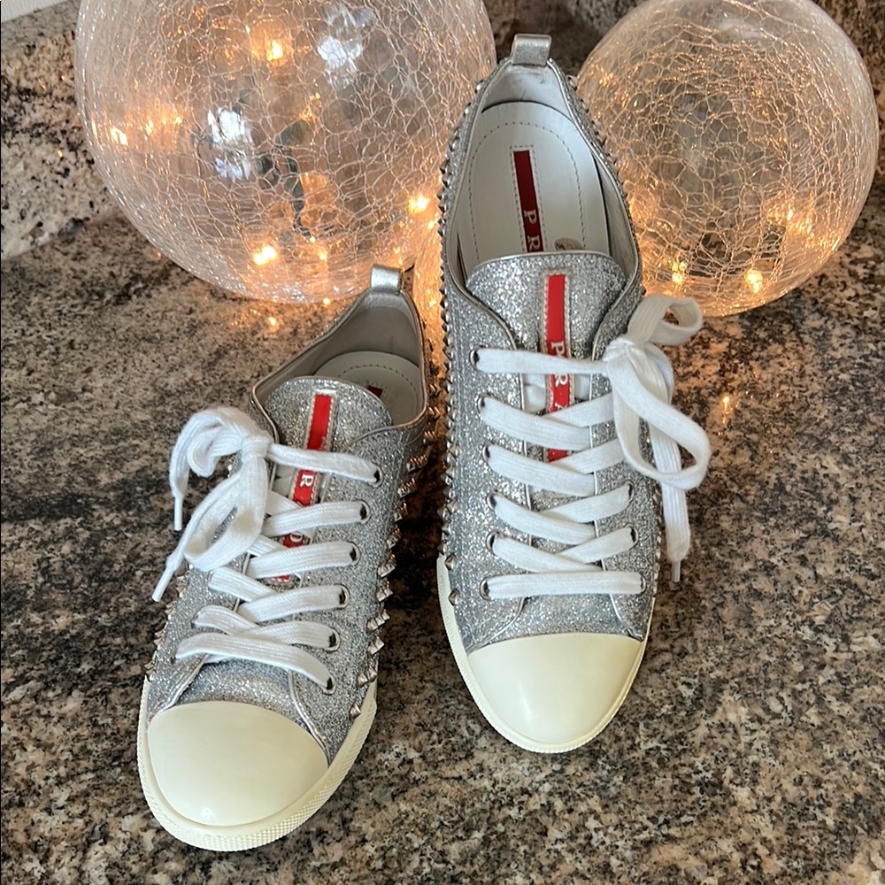 Prada Metallic Silver Glitter Studded Sneakers